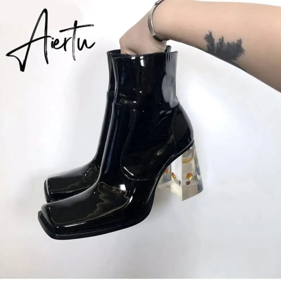 Womens Square Toe Ankle Boots Clear Transparent Crystal Flower Heel Retro Shoes Black Vintage Warm Winter Luxury