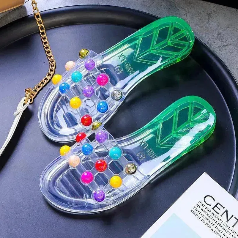 Women's Summer Crystal Pearl Outer Wear Soft Bottom Transparent Beach Shoes