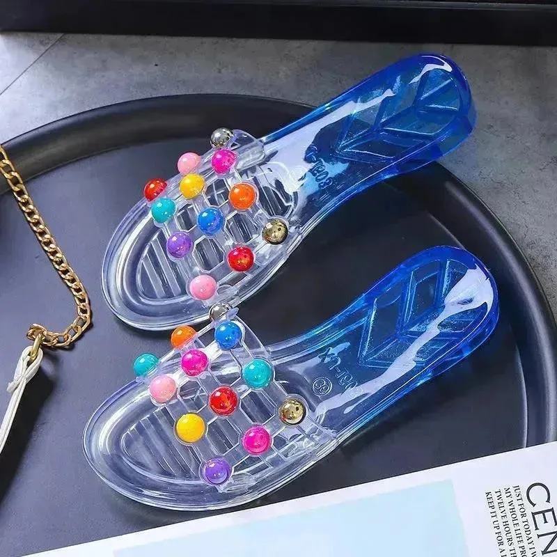 Women's Summer Crystal Pearl Outer Wear Soft Bottom Transparent Beach Shoes