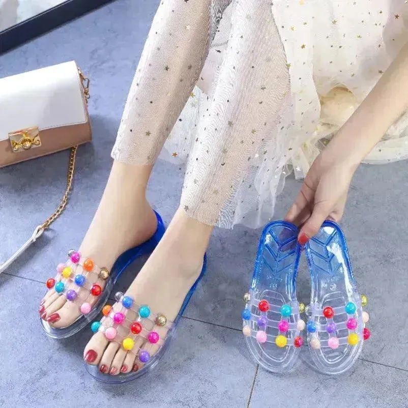 Women's Summer Crystal Pearl Outer Wear Soft Bottom Transparent Beach Shoes