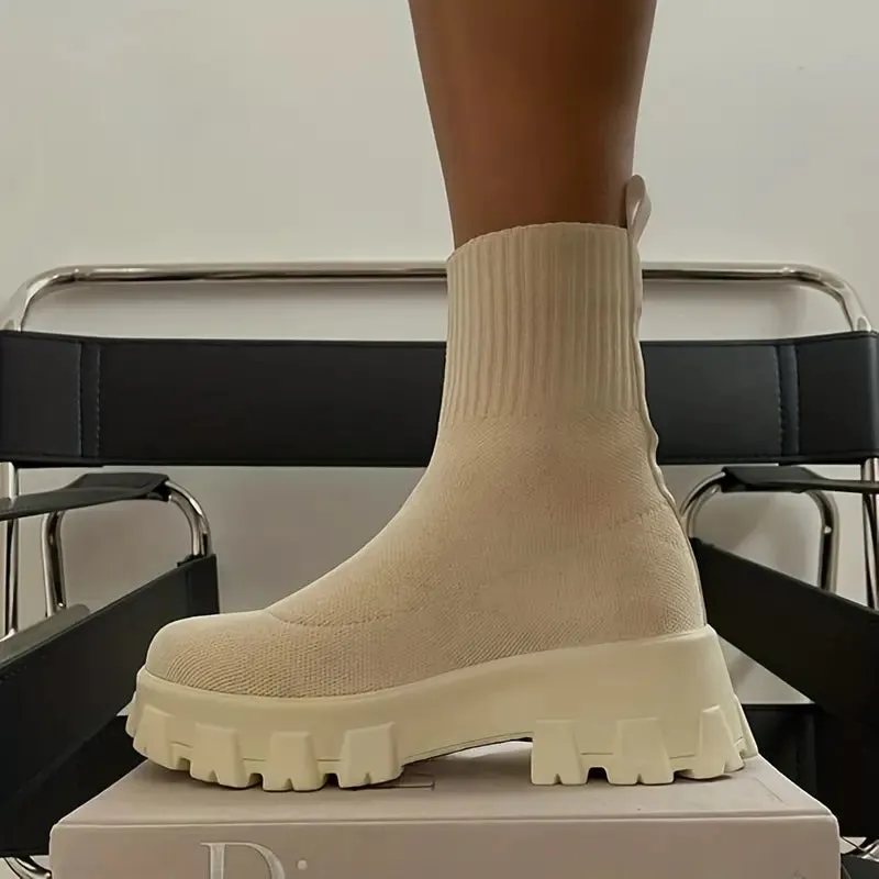Women's Thick-soled Short Boots, Knitted Round Toe Socks Shoes