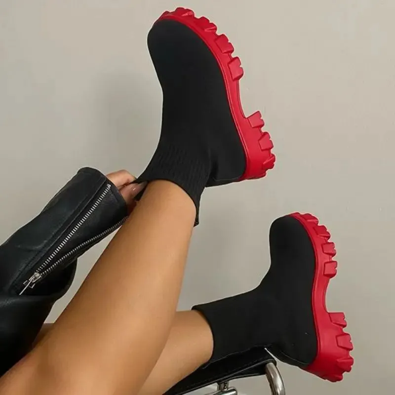 Women's Thick-soled Short Boots, Knitted Round Toe Socks Shoes