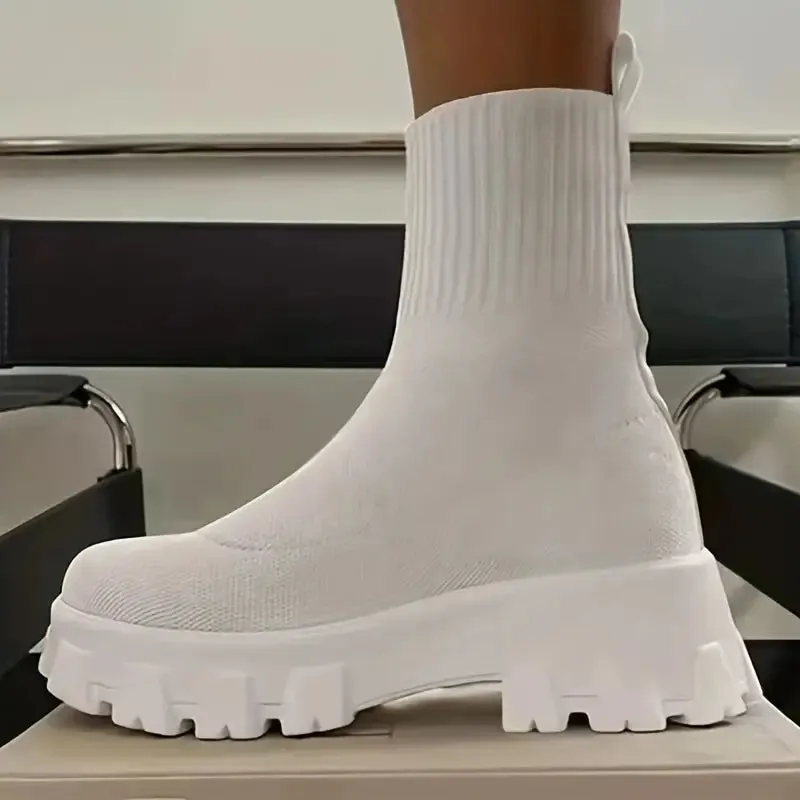 Women's Thick-soled Short Boots, Knitted Round Toe Socks Shoes