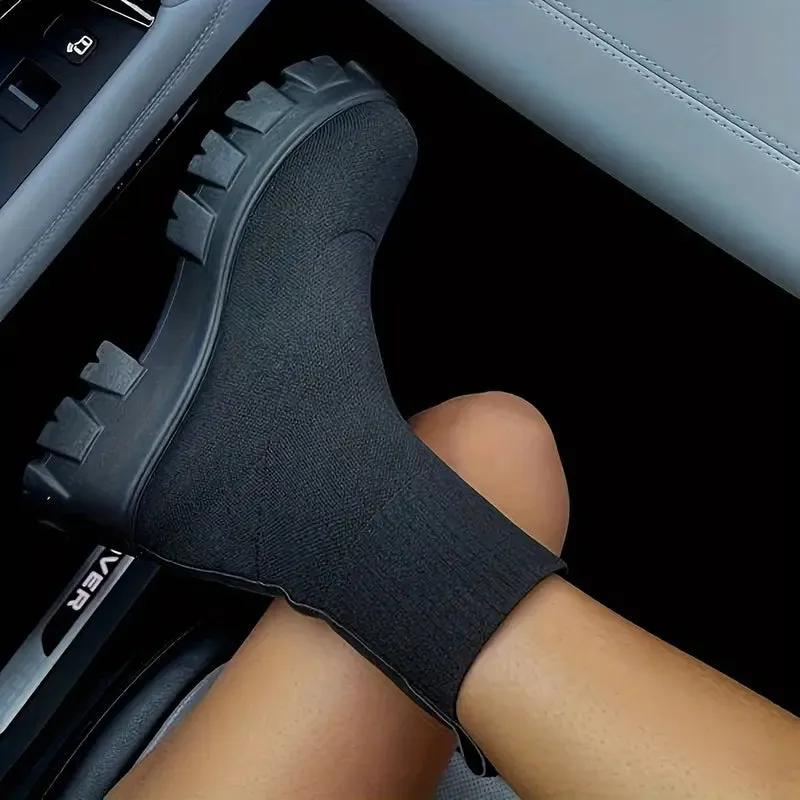 Women's Thick-soled Short Boots, Knitted Round Toe Socks Shoes