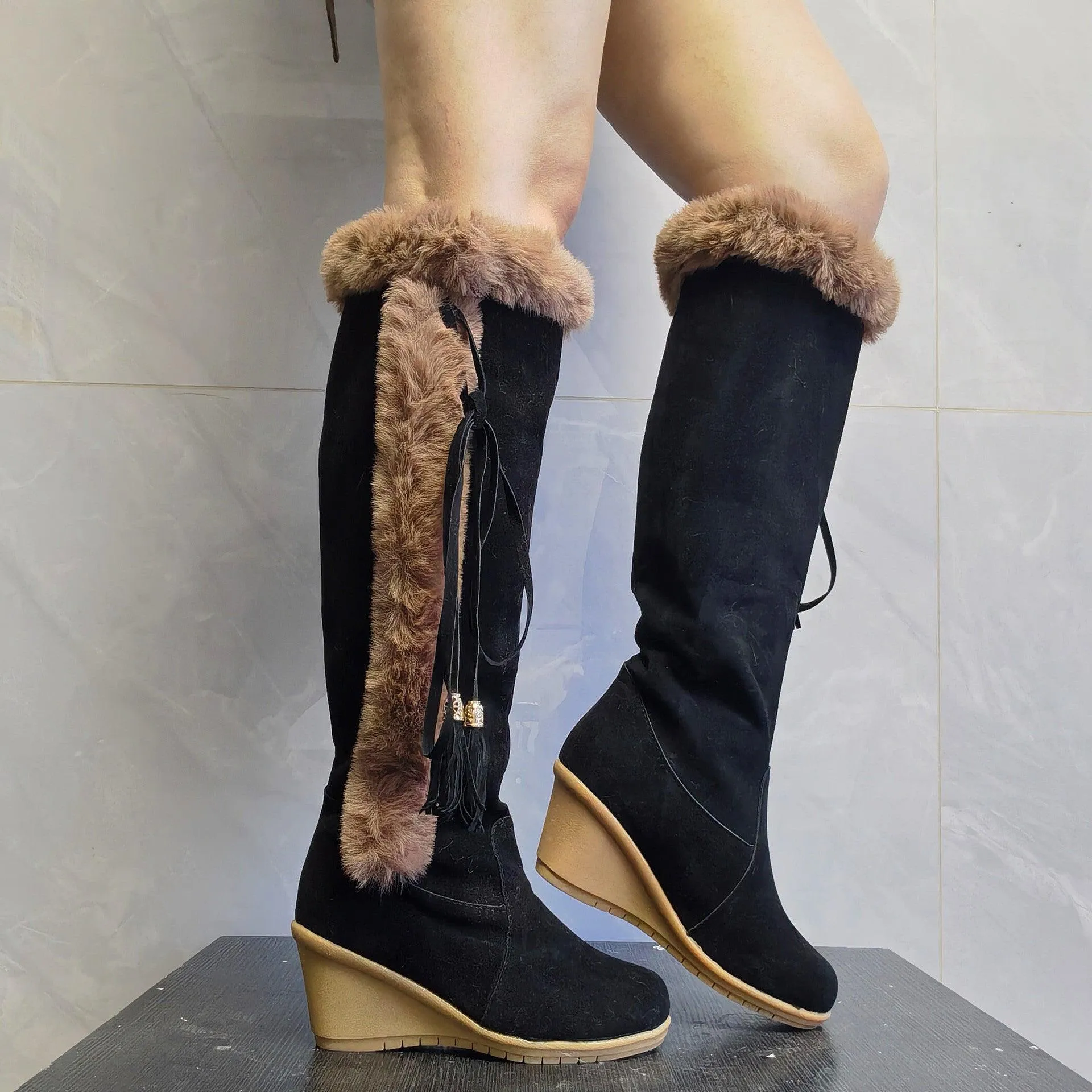 Women’s Winter Plush Long Boots – Wedge Heel, Warm & Cozy