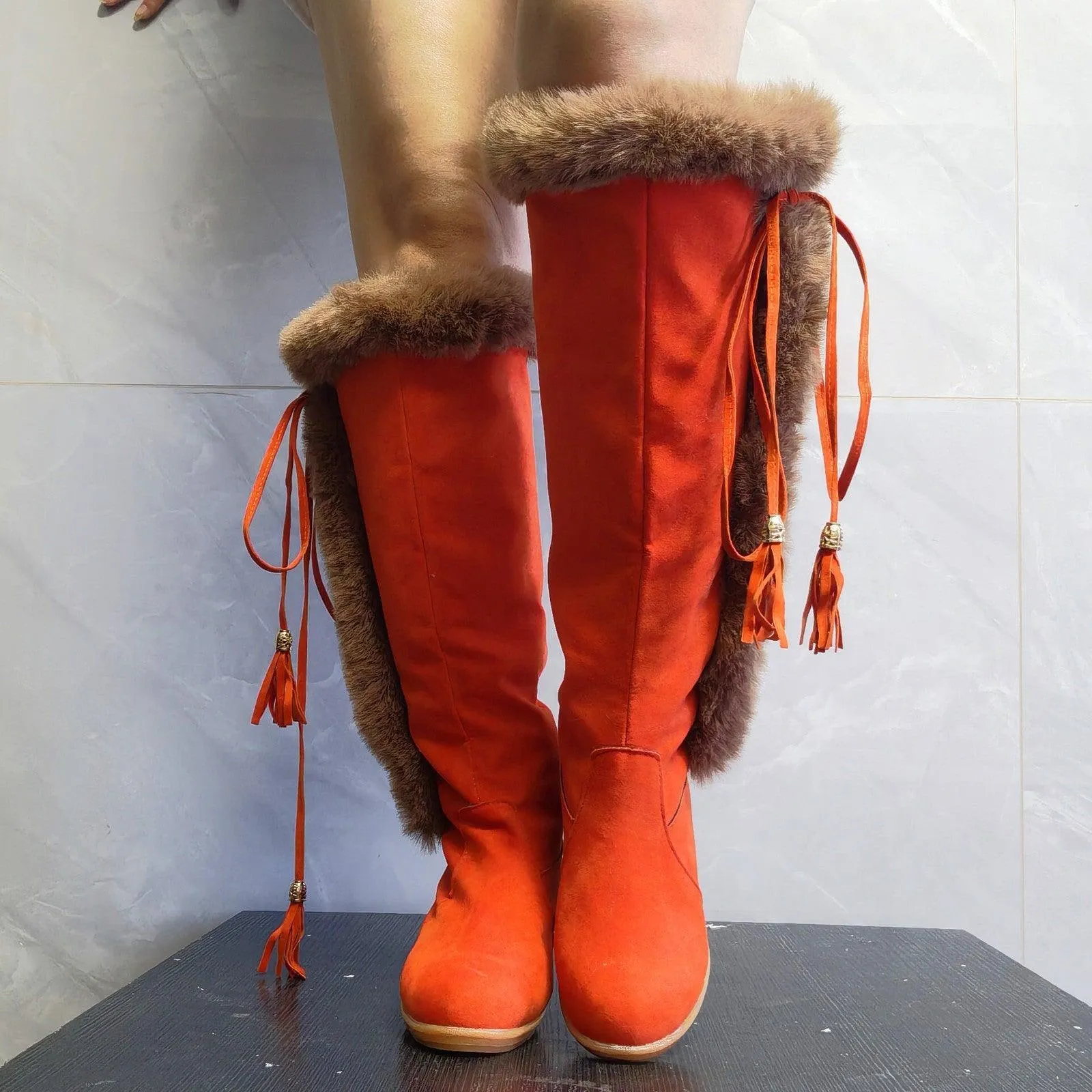 Women’s Winter Plush Long Boots – Wedge Heel, Warm & Cozy
