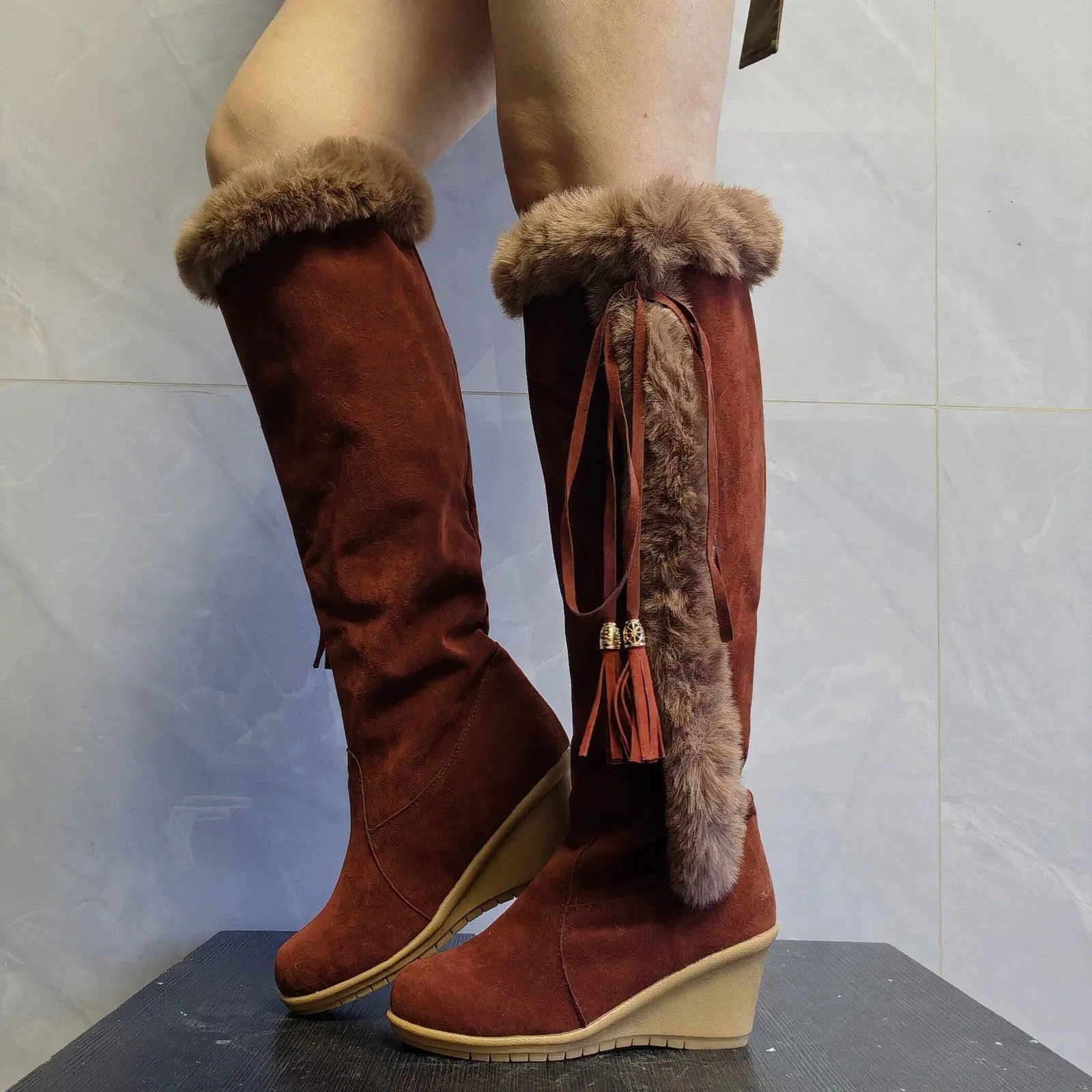 Women’s Winter Plush Long Boots – Wedge Heel, Warm & Cozy
