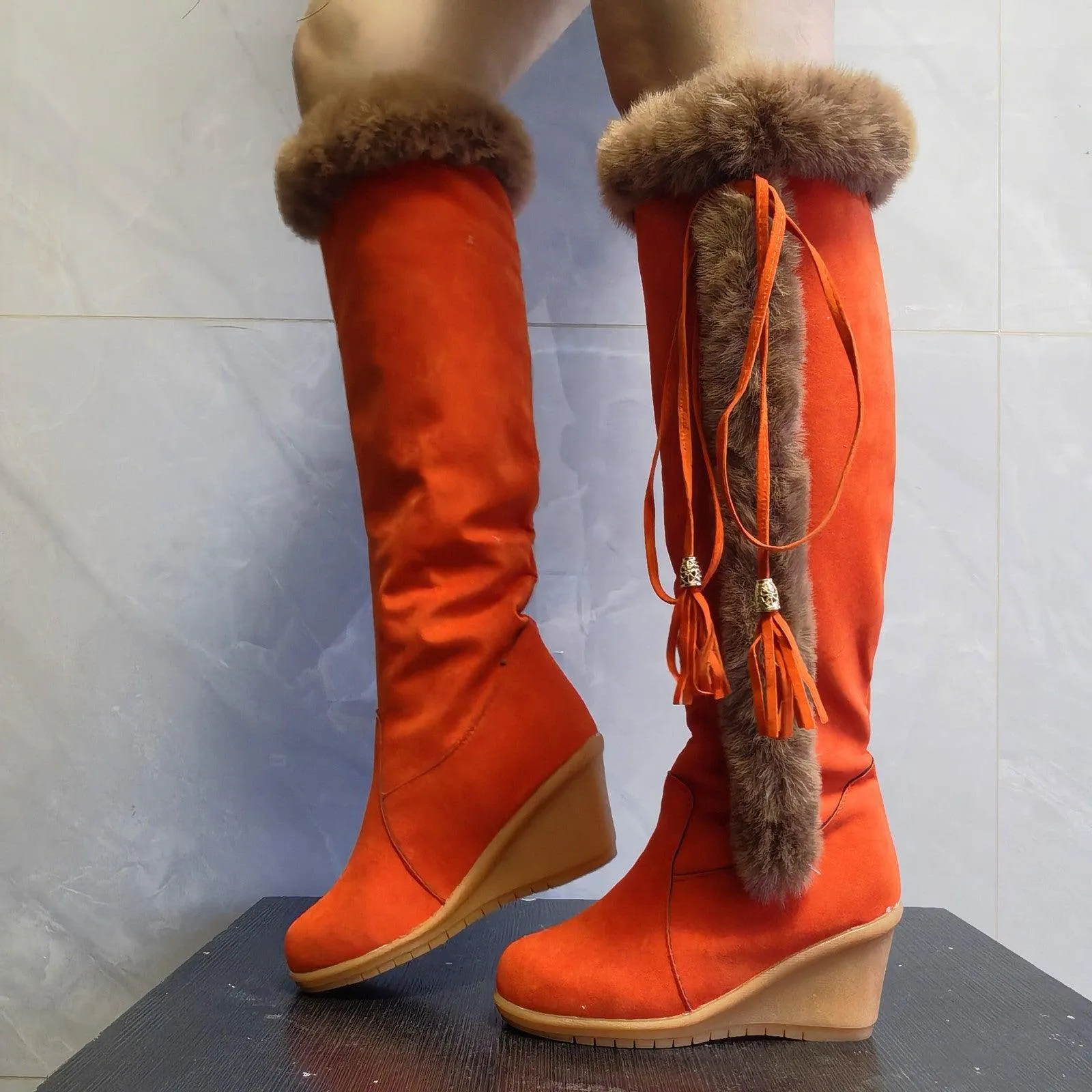 Women’s Winter Plush Long Boots – Wedge Heel, Warm & Cozy