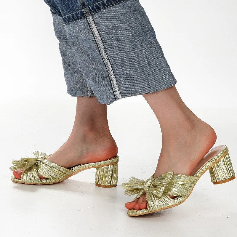 xiangtuibao Silver Women Slippers Bowknot Design Chunky High Heels Gladiator Sandals Dress Pumps Summer Outside Mules Ladies Beach Slides
