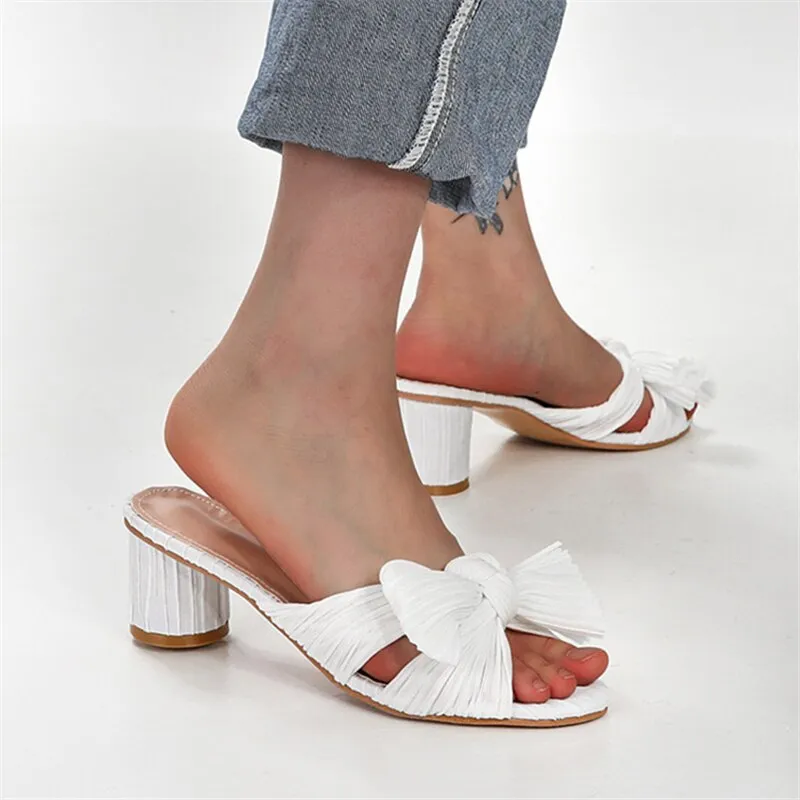 xiangtuibao Silver Women Slippers Bowknot Design Chunky High Heels Gladiator Sandals Dress Pumps Summer Outside Mules Ladies Beach Slides