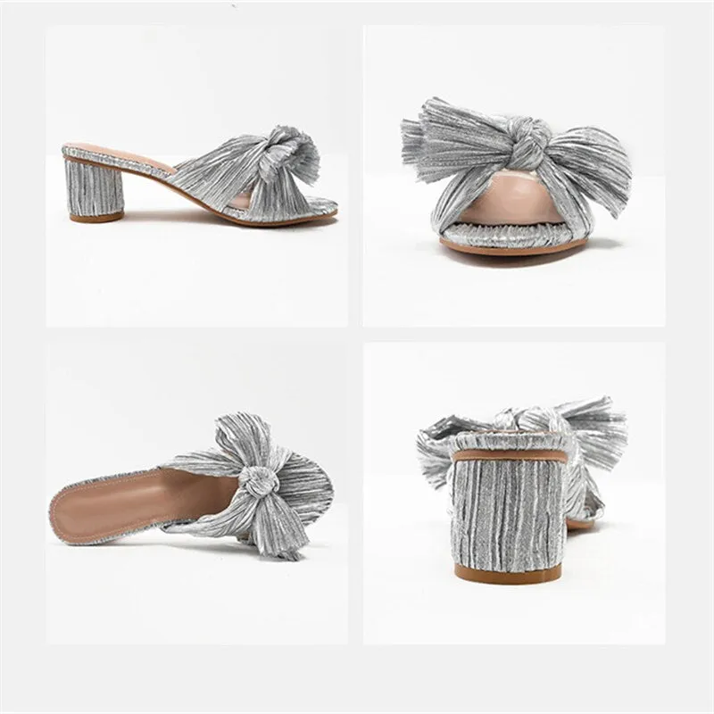 xiangtuibao Silver Women Slippers Bowknot Design Chunky High Heels Gladiator Sandals Dress Pumps Summer Outside Mules Ladies Beach Slides
