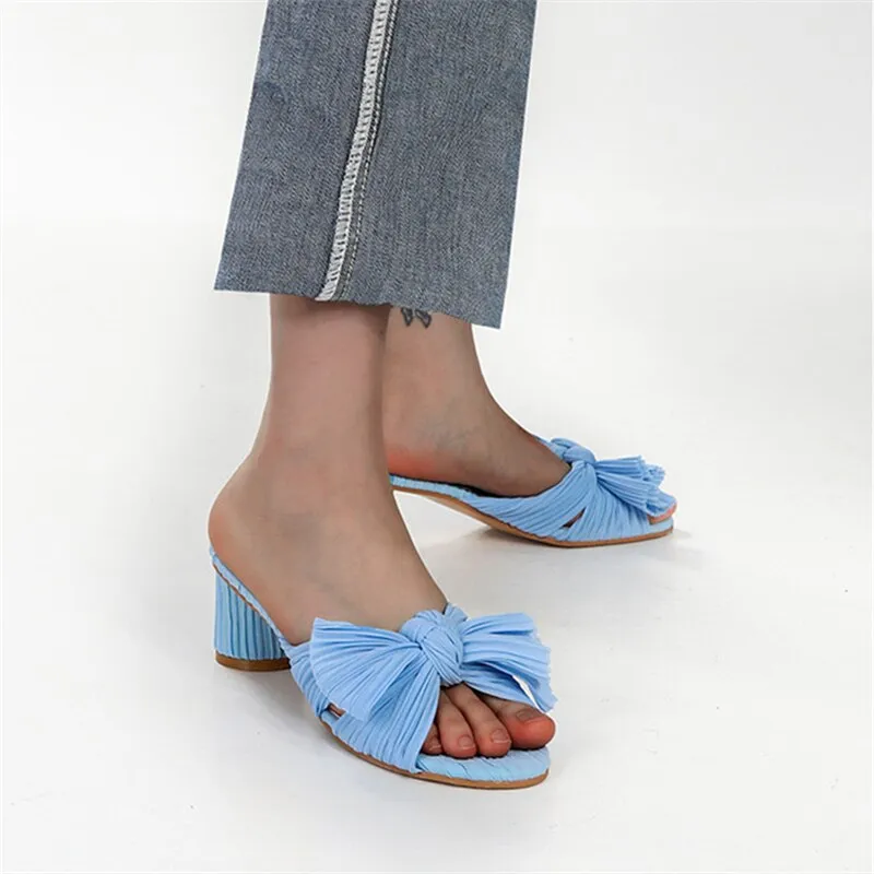 xiangtuibao Silver Women Slippers Bowknot Design Chunky High Heels Gladiator Sandals Dress Pumps Summer Outside Mules Ladies Beach Slides