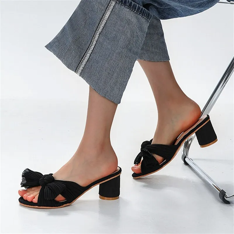 xiangtuibao Silver Women Slippers Bowknot Design Chunky High Heels Gladiator Sandals Dress Pumps Summer Outside Mules Ladies Beach Slides