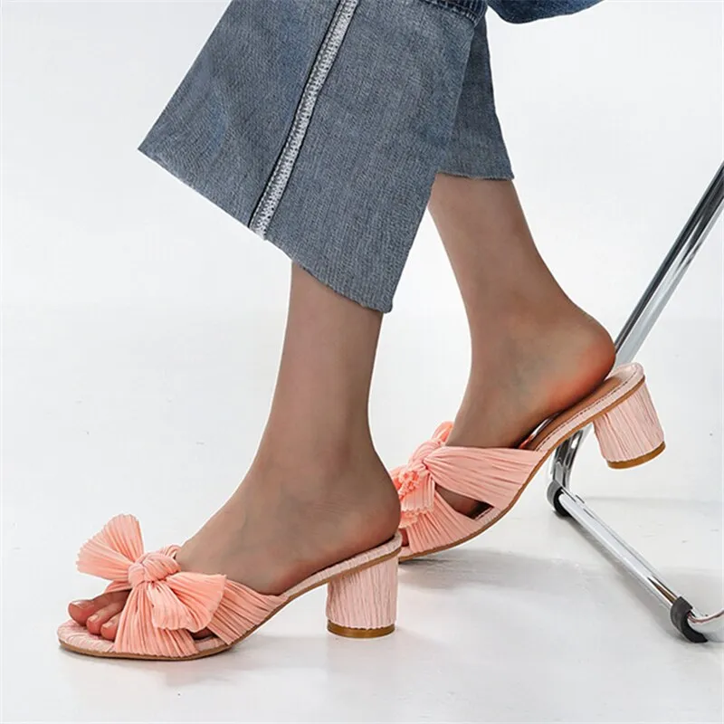 xiangtuibao Silver Women Slippers Bowknot Design Chunky High Heels Gladiator Sandals Dress Pumps Summer Outside Mules Ladies Beach Slides