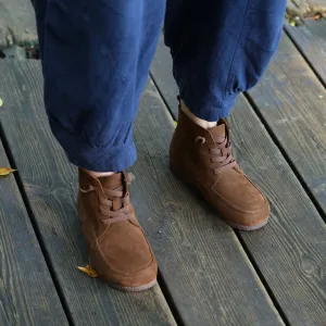 Zero Drop Barefoot Soft Leather Ankle Boots For Women Round Toe Short Boots In Coffee/Grey
