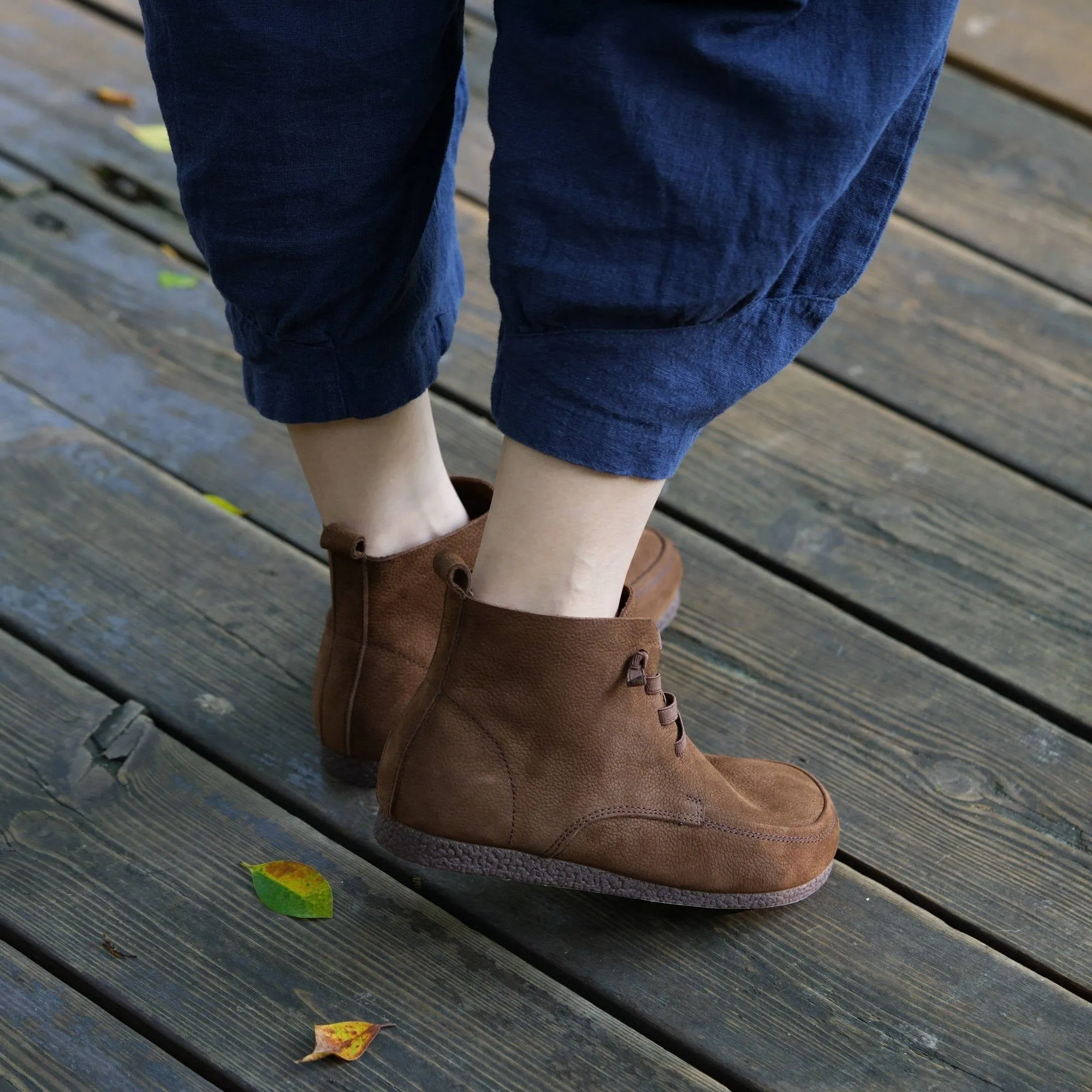 Zero Drop Barefoot Soft Leather Ankle Boots For Women Round Toe Short Boots In Coffee/Grey
